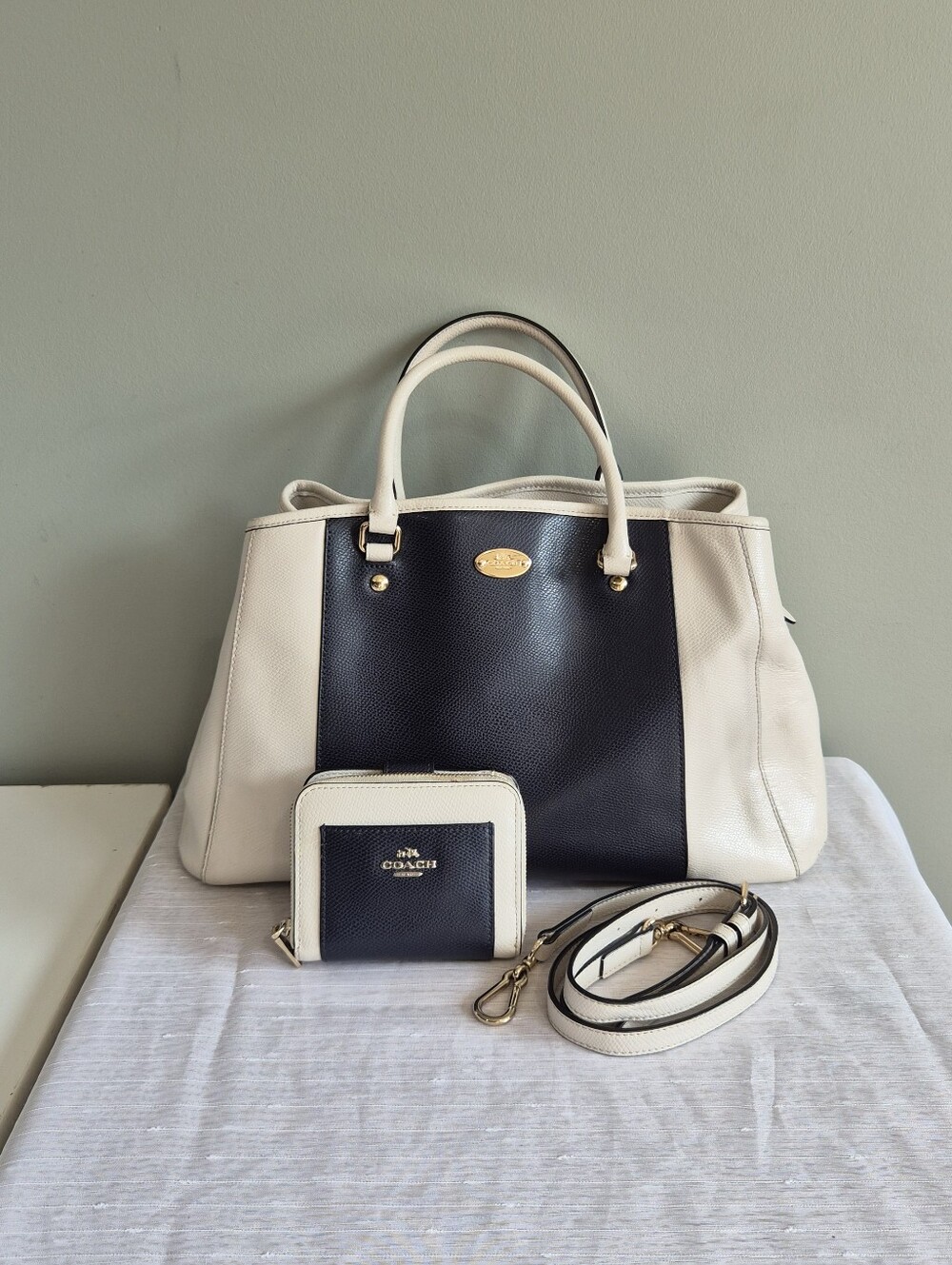Coach Two-Tone Black & Cream Leather Satchel with Wallet